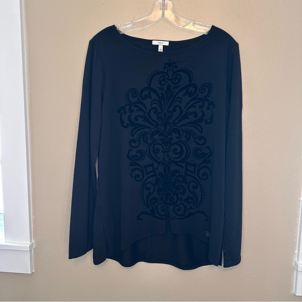 Halo Black Sheer Overlay Long Sleeve Top with Intricate Pattern Size Large